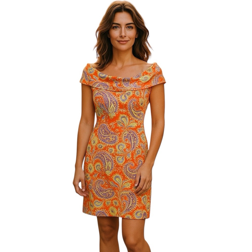 Lauren Ralph Lauren Dress L Cotton Off Shoulder Cowl‎ Boat Neck Orange Paisley